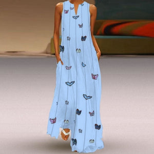 CALOFE Sexy V Neck Women Vintage Butterfly Print Dress 2019 Summer Sleeveless Pockets Dress Casual Loose Boho Maxi Long Dresses