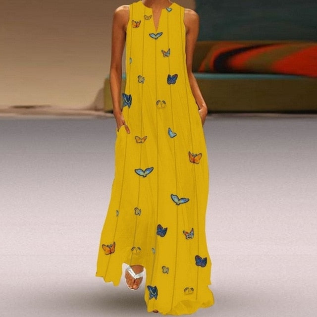 CALOFE Sexy V Neck Women Vintage Butterfly Print Dress 2019 Summer Sleeveless Pockets Dress Casual Loose Boho Maxi Long Dresses