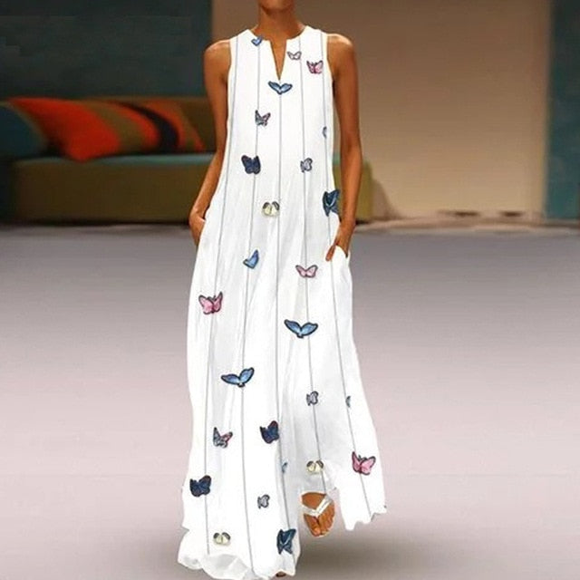 CALOFE Sexy V Neck Women Vintage Butterfly Print Dress 2019 Summer Sleeveless Pockets Dress Casual Loose Boho Maxi Long Dresses