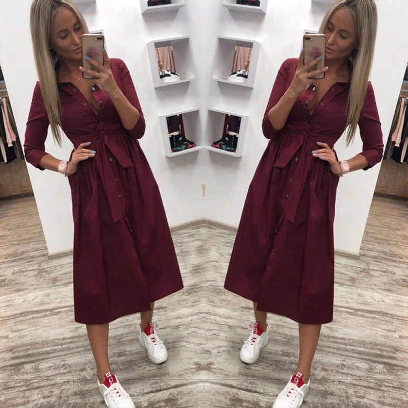 2019 Women Casual Sashes Button A-Line Dress Stand Collar Seven Sleeve Elegant Party Dresses Office Lady Women Knee Length Dress