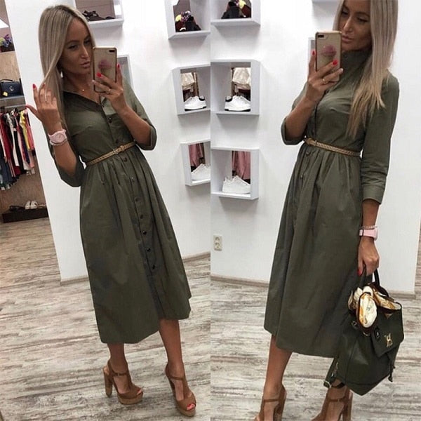 2019 Women Casual Sashes Button A-Line Dress Stand Collar Seven Sleeve Elegant Party Dresses Office Lady Women Knee Length Dress