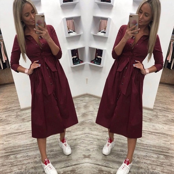 2019 Women Casual Sashes Button A-Line Dress Stand Collar Seven Sleeve Elegant Party Dresses Office Lady Women Knee Length Dress