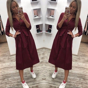 2019 Women Casual Sashes Button A-Line Dress Stand Collar Seven Sleeve Elegant Party Dresses Office Lady Women Knee Length Dress