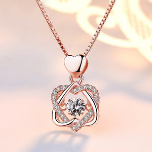 Fashion Romantic Double Heart Flower Pendant Necklace with Zircon Rose Gold/Silver Color Necklace For Women Jewelry